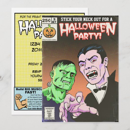 Uitnodiging voor  horror Comic Halloween-partij (Voorkant / Achterkant)