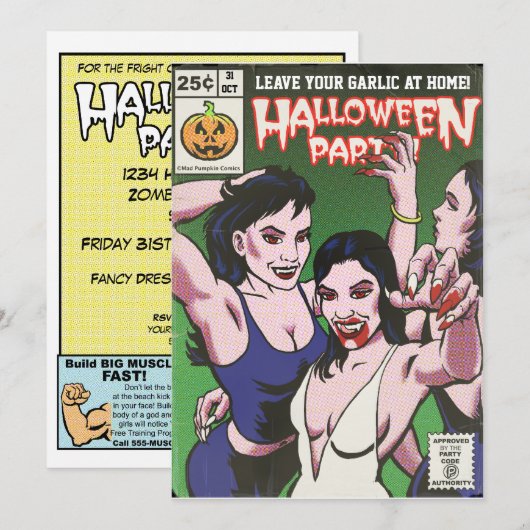 Uitnodiging voor  horror Comic Halloween-partij (Voorkant / Achterkant)