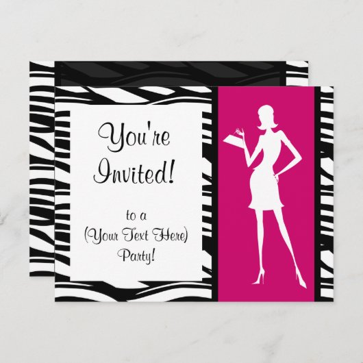Uitnodiging voor hotroze Mode partij (Voorkant / Achterkant)