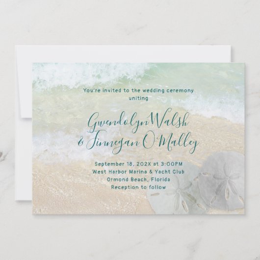 Uitnodiging voor huwelijksceremonie in zand dollar (Voorkant)