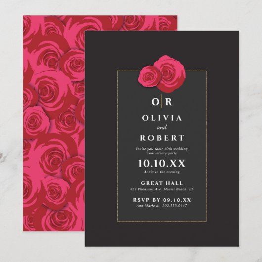 Uitnodiging voor huwelijksjubileum met rode roos (Voorkant / Achterkant)