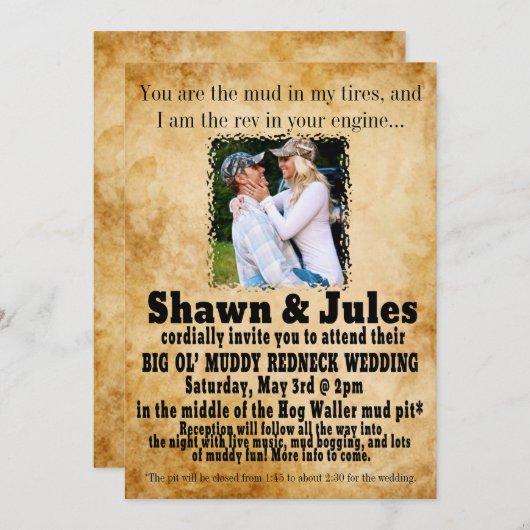 Uitnodiging voor huwelijksviering van redneck-kopp (Voorkant / Achterkant)