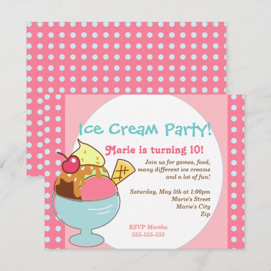 Uitnodiging voor Ice Cream Party (Voorkant / Achterkant)
