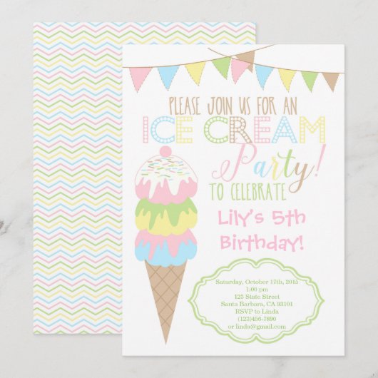 Uitnodiging voor Ice Cream Party (Voorkant / Achterkant)