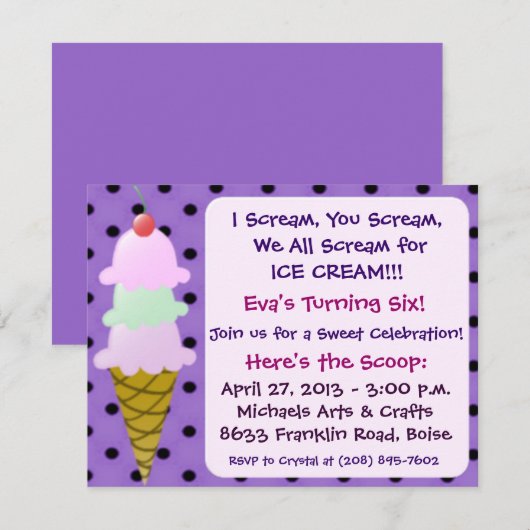 Uitnodiging voor Ice Cream Party (Voorkant / Achterkant)