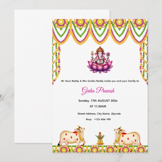 Uitnodiging voor Indian Housewarming, Griha Praves (Voorkant / Achterkant)