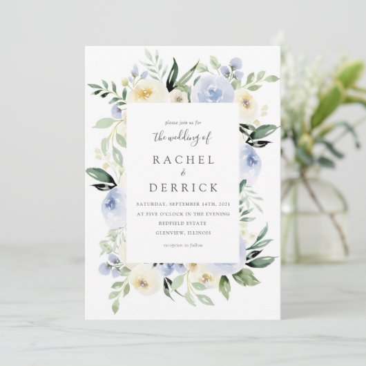 Uitnodiging voor ivoor en usty Blue Wedding (Staand voorkant)