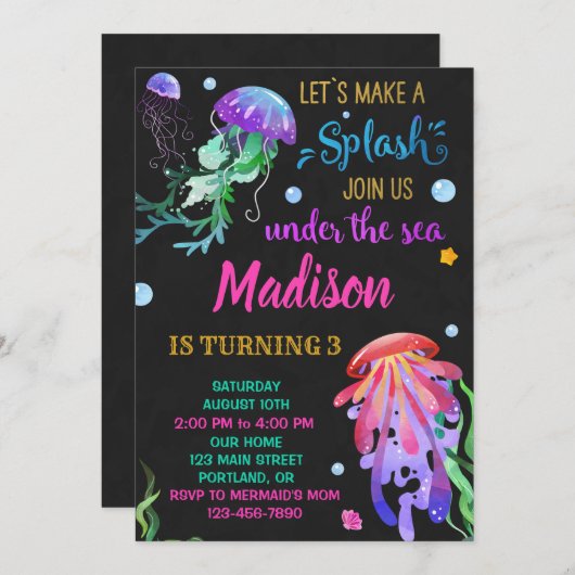 Uitnodiging voor jellyfish-verjaardag Onder zee ui (Voorkant / Achterkant)