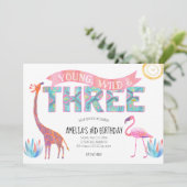 Uitnodiging voor jonge, wilde en drie verjaardag (Staand voorkant)