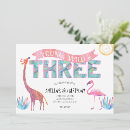 Uitnodiging voor jonge, wilde en drie verjaardag (Staand voorkant)
