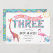 Uitnodiging voor jonge, wilde en drie verjaardag (Voorkant / Achterkant)