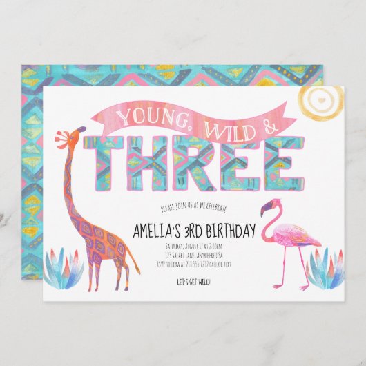 Uitnodiging voor jonge, wilde en drie verjaardag (Voorkant / Achterkant)