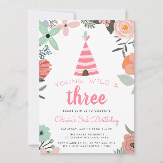 Uitnodiging voor jonge, wilde en drie verjaardag (Voorkant)