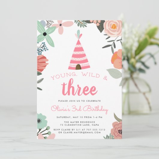 Uitnodiging voor jonge, wilde en drie verjaardag (Staand voorkant)