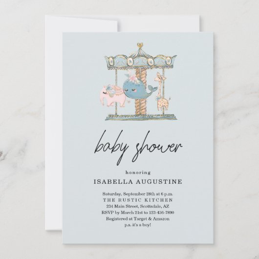 Uitnodiging voor jongens blauwe draaimolen baby sh (Voorkant)