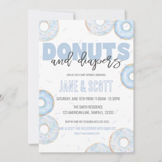 Uitnodiging voor jongensfeestje met donut-spatjes (Voorkant)