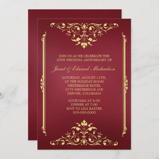 Uitnodiging voor jubileum in Victoriaanse rood en  (Voorkant / Achterkant)