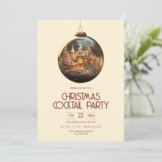 Uitnodiging voor Kantoorfeest met Gouden Kerstbal (Staand voorkant)