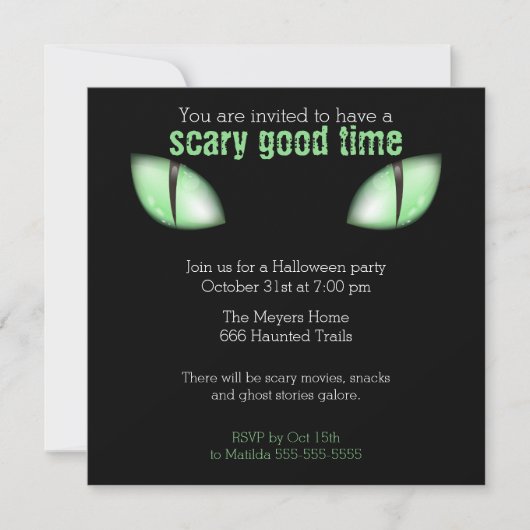 Uitnodiging voor Kattenogen Halloween-feest (Groen (Voorkant)
