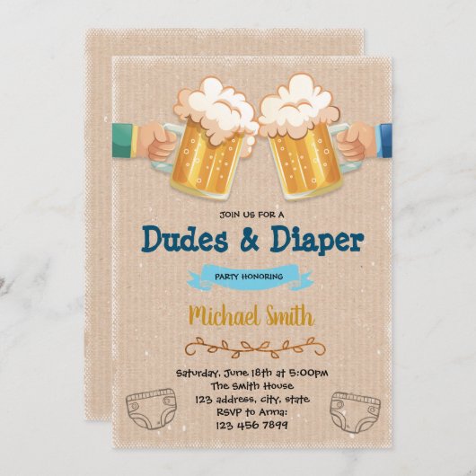 Uitnodiging voor kerels en luierfeestje (Voorkant / Achterkant)