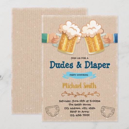 Uitnodiging voor kerels en luiers feestje (Voorkant / Achterkant)