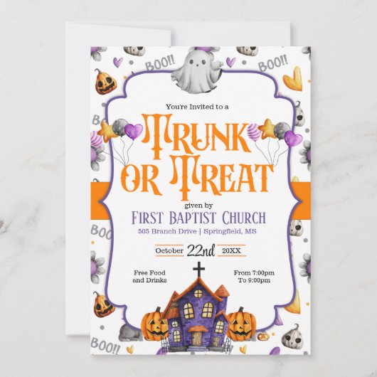 Uitnodiging voor Kerk Halloween 'Trunk or Treat' (Voorkant)