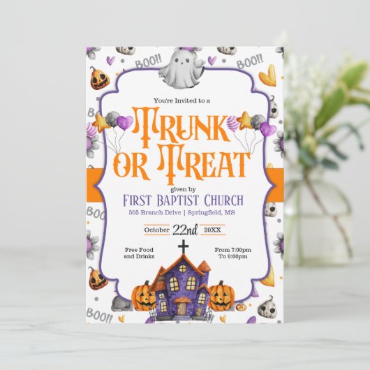 Uitnodiging voor Kerk Halloween 'Trunk or Treat' (Staand voorkant)