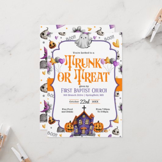 Uitnodiging voor Kerk Halloween 'Trunk or Treat' (Voorkant / Achterkant in situ)