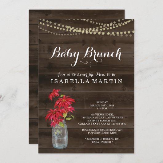 Uitnodiging voor kerst Baby Brunch - Poinsettia (Voorkant / Achterkant)