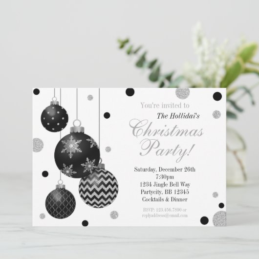 Uitnodiging voor kerst in Black en Silver Bauble (Staand voorkant)