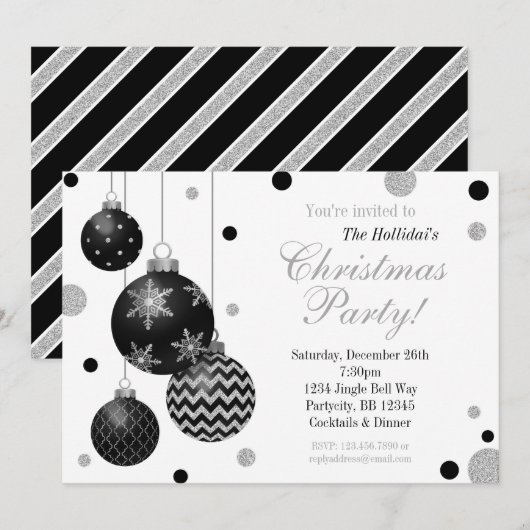Uitnodiging voor kerst in Black en Silver Bauble (Voorkant / Achterkant)