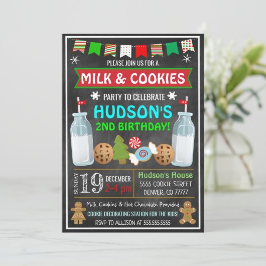 Uitnodiging voor kerst met melk en koekjes (Staand voorkant)