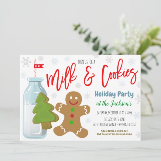 Uitnodiging voor kerst van melk en koekjes (Staand voorkant)