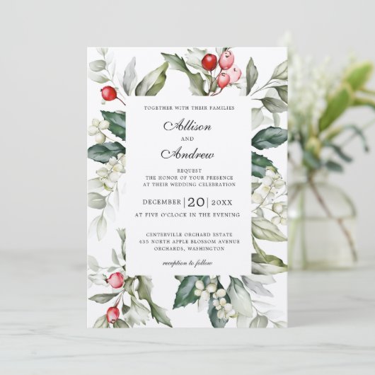 Uitnodiging voor kerstbruiloft in Soft Winter Berr (Staand voorkant)