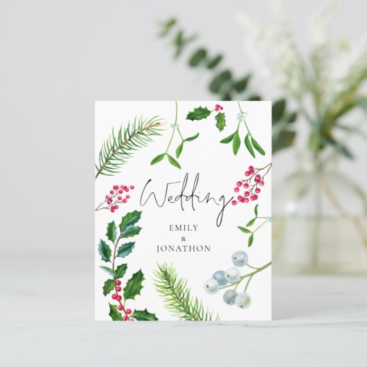 Uitnodiging voor kerstbruiloft met budgetvlieger (Staand voorkant)