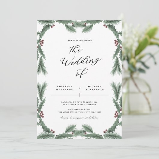 Uitnodiging voor kerstbruiloft met feestdag Greene (Staand voorkant)