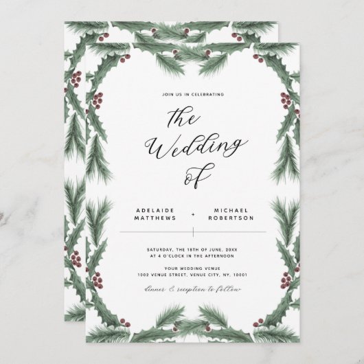 Uitnodiging voor kerstbruiloft met feestdag Greene (Voorkant / Achterkant)