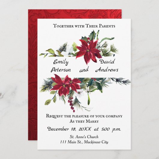 Uitnodiging voor kerstbruiloft met Poinsettia (Voorkant / Achterkant)