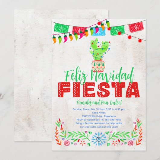 Uitnodiging voor kerstcactus Feliz Navidad (Voorkant / Achterkant)