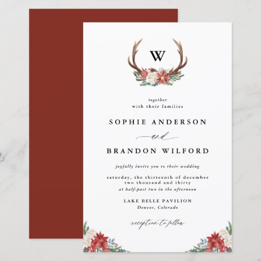 Uitnodiging voor kerstfeest Antler Wreath Winter W (Voorkant / Achterkant)