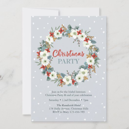 Uitnodiging voor kerstfeest | Bloemkrans blauw (Voorkant)