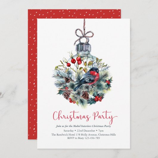 Uitnodiging voor kerstfeest | Bullfinch bird baubl (Voorkant / Achterkant)
