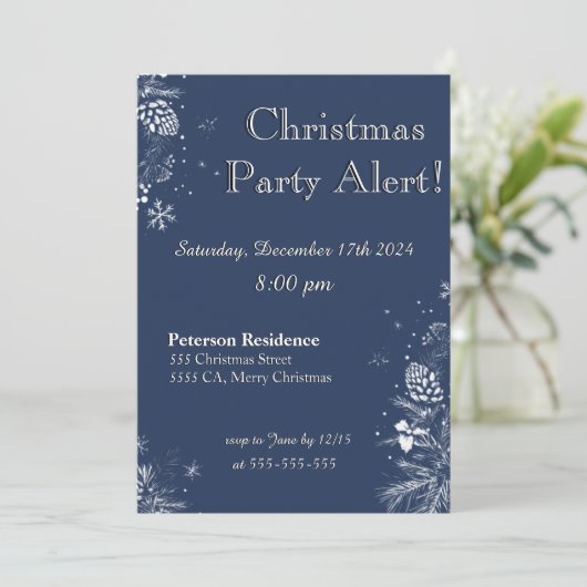 Uitnodiging voor kerstfeest in blauw en wit (Staand voorkant)