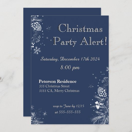 Uitnodiging voor kerstfeest in blauw en wit (Voorkant / Achterkant)