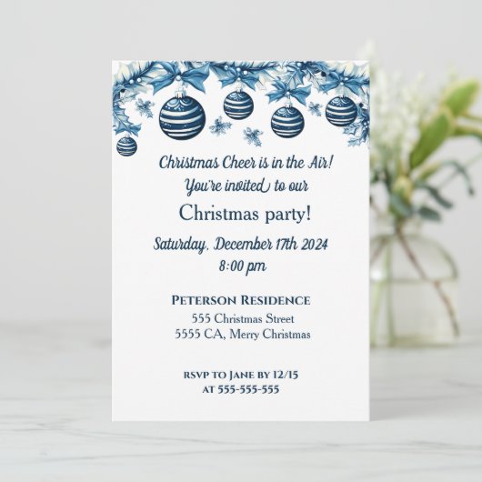 Uitnodiging voor kerstfeest in blauw en wit (Staand voorkant)