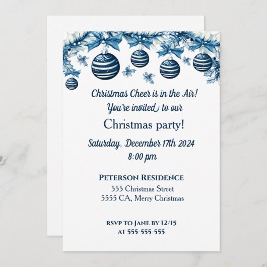 Uitnodiging voor kerstfeest in blauw en wit (Voorkant / Achterkant)