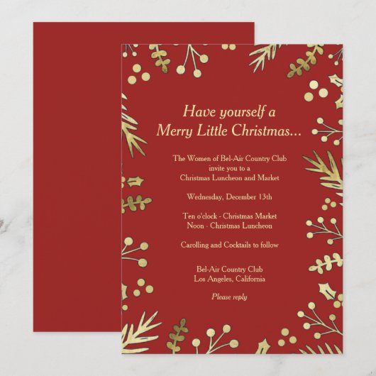 Uitnodiging voor Kerstfeest met rode en gouden hul (Voorkant / Achterkant)