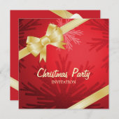 Uitnodiging voor kerstfeest Red Golden Bow (Voorkant / Achterkant)