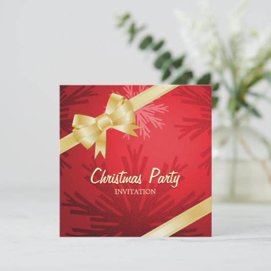 Uitnodiging voor kerstfeest Red Golden Bow (Staand voorkant)