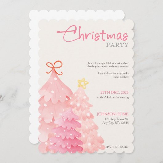 Uitnodiging voor kerstfeest, roze chique uitnodigi (Voorkant / Achterkant)